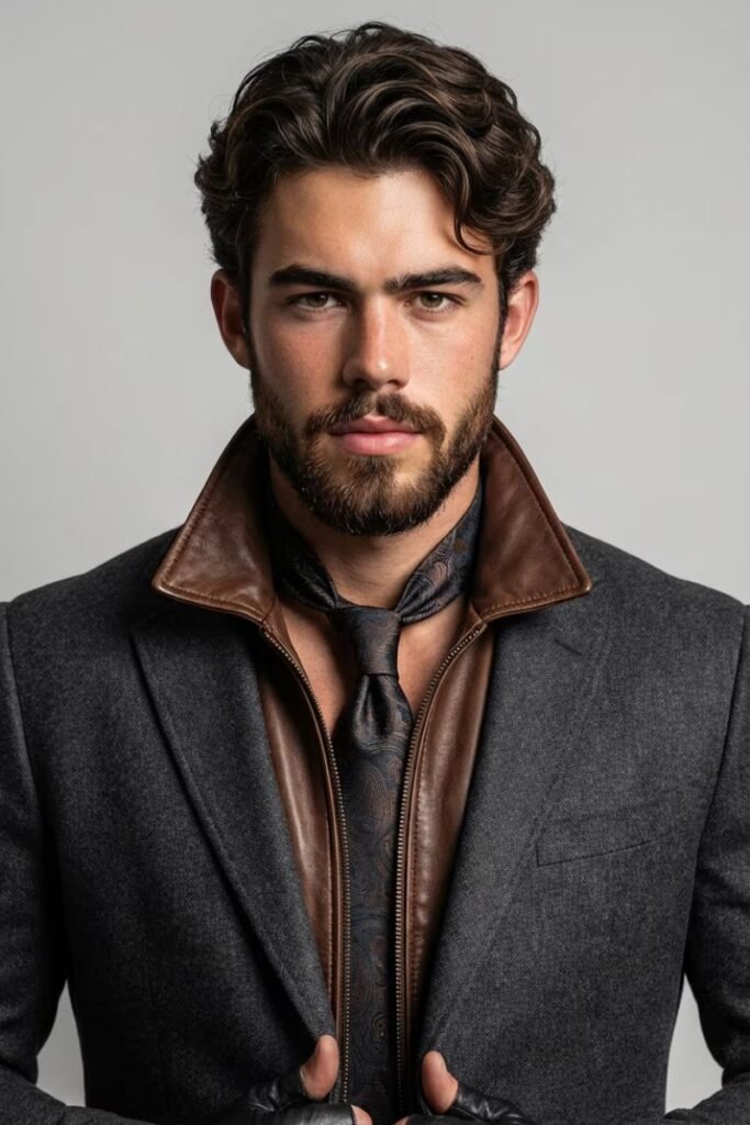 A photorealistic portrait of the person from the uploaded image. A suave South Indian man with a sleek haircut, a well-groomed beard and mustache, wearing a charcoal grey blazer over a brown leather-collared jacket, a dark patterned tie, and fingerless leather gloves. He is striking a confident pose, looking directly at the viewer with an intense gaze, against a plain light grey studio background. The lighting is even and professional.